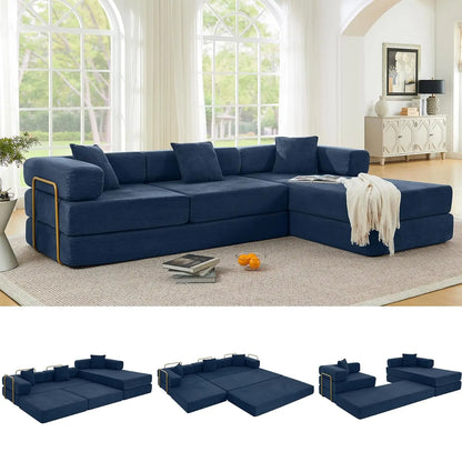 108" Oversize Convertible Sleeper Sectional Sofa Bed Corduroy L Shape Folding Frame Modular Living Room Black, Customized