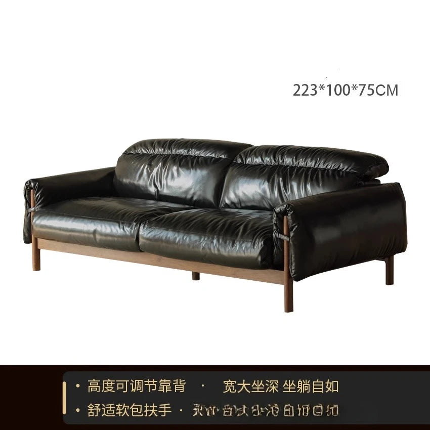 LH black walnut leather sofa living room small apartment retro solid wood leather art sofa