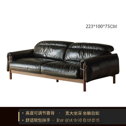 LH black walnut leather sofa living room small apartment retro solid wood leather art sofa
