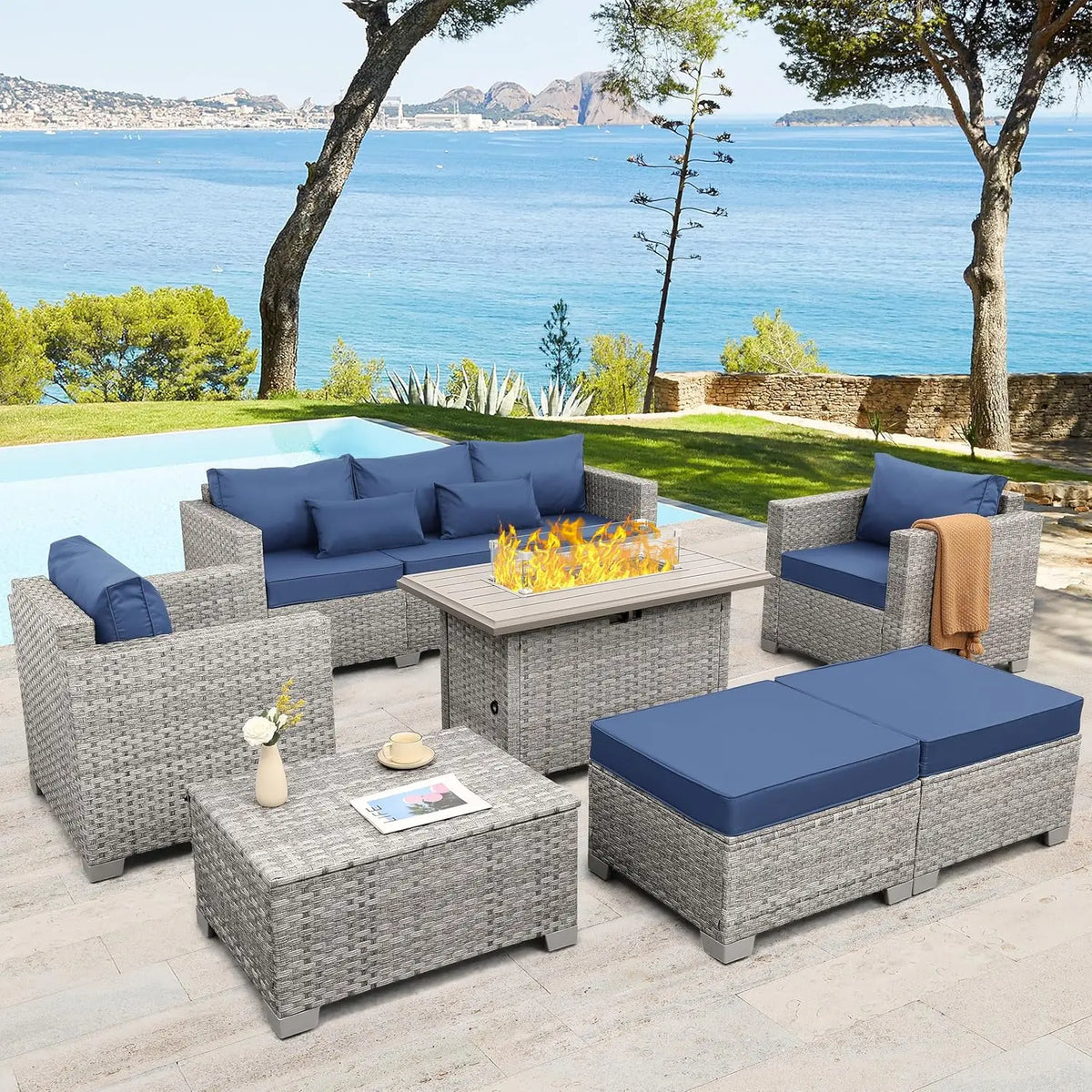 Patio Furniture Set 6 Piece PE Rattan Outdoor Conversation Sets Grey Wicker Couch Sectional Sofa with Fire Pit Table, Custom