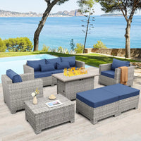 Patio Furniture Set 6 Piece PE Rattan Outdoor Conversation Sets Grey Wicker Couch Sectional Sofa with Fire Pit Table, Custom
