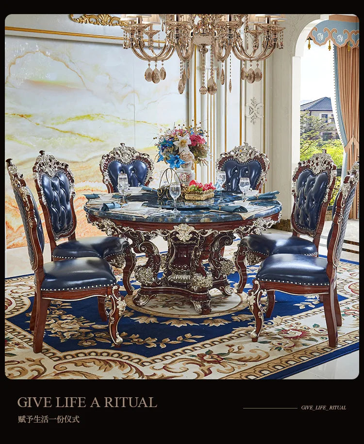 HLZ European Style Dining Table New Luxury High-End Solid Wood Home Marble French Retro Table and Chair Set Villa