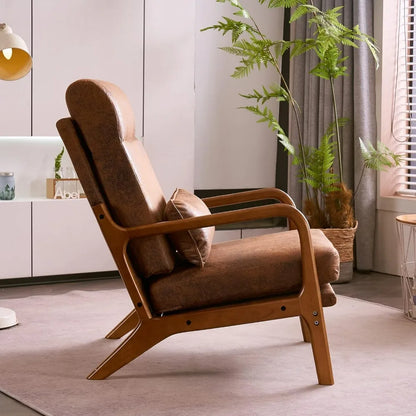 Mid-Century Modern Chair with Pillow High Back Bronzing Cloth Upholstered Lounge Arm Chair with Solid Wood Frame & Soft Cushion