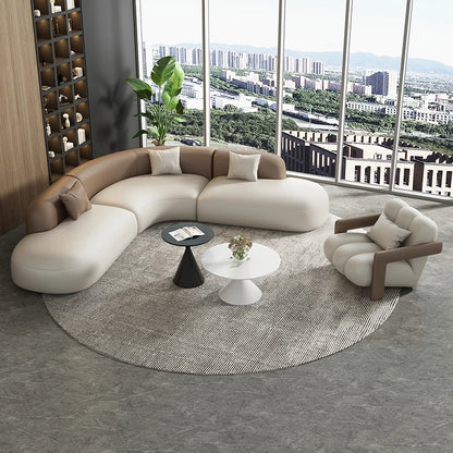 Curved Leather Corner Sofa Set with Solid Wood Frame, Modern Sectional Couches for Living Room, Comfortable Leather Couch Sets