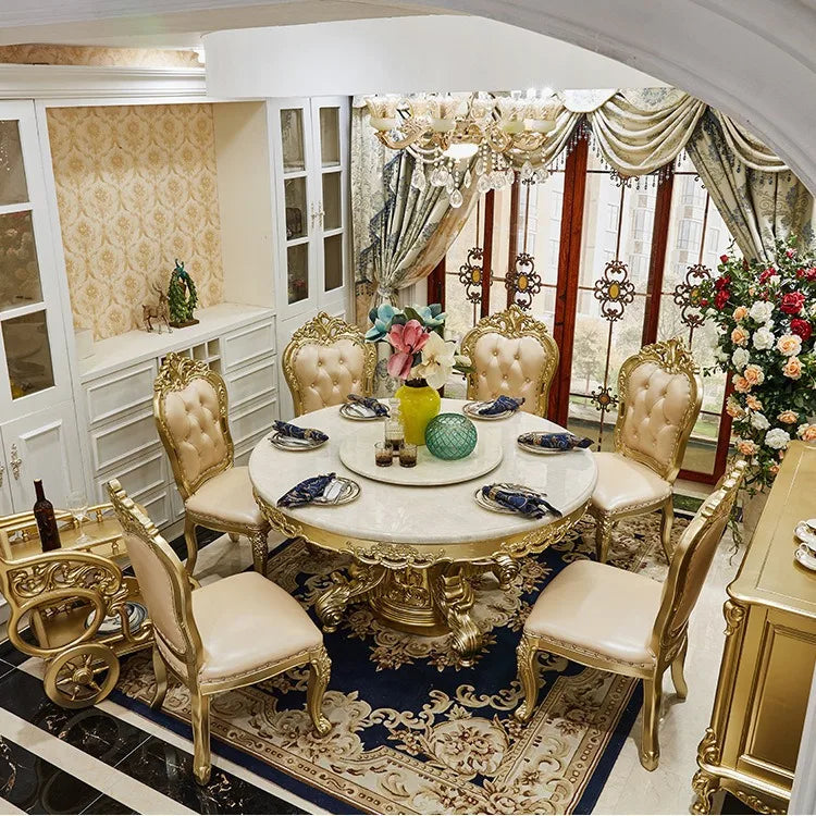 European round dining table and chair combination full solid wood carving flower dining table French marble round dining table
