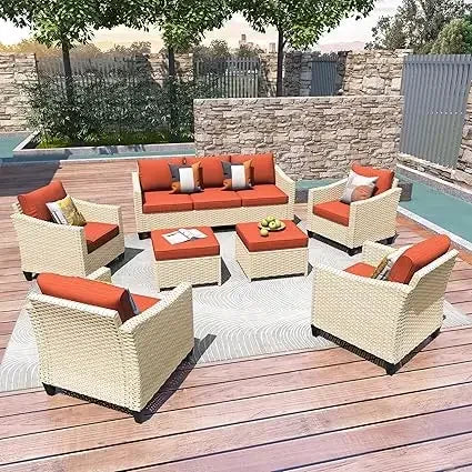 Wicker Patio Furniture Set Modern Outdoor Conversation  Sofa with Cushion and Ottomans for Garden, Poolside, Backyard
