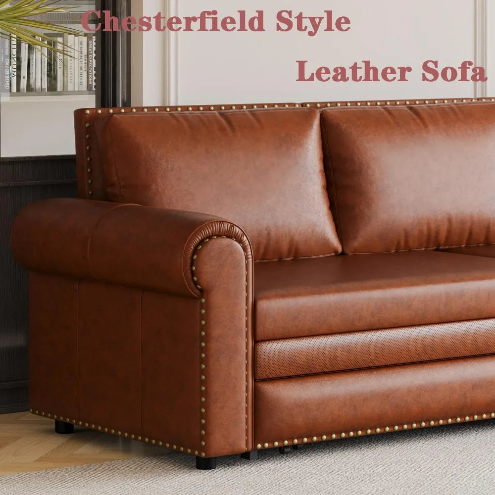 King Size 3 Seater Light Brown Leather Sleeper Sofa with Pull Out Bed and 3-in-1 Convertible Features