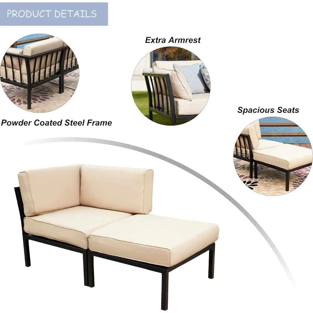 2 Piece Patio Furniture Set Sectional Balcony Corner Outdoor Loveseat Couch Armchiar Sofa with Ottoman Metal Steel Frame, Khaki