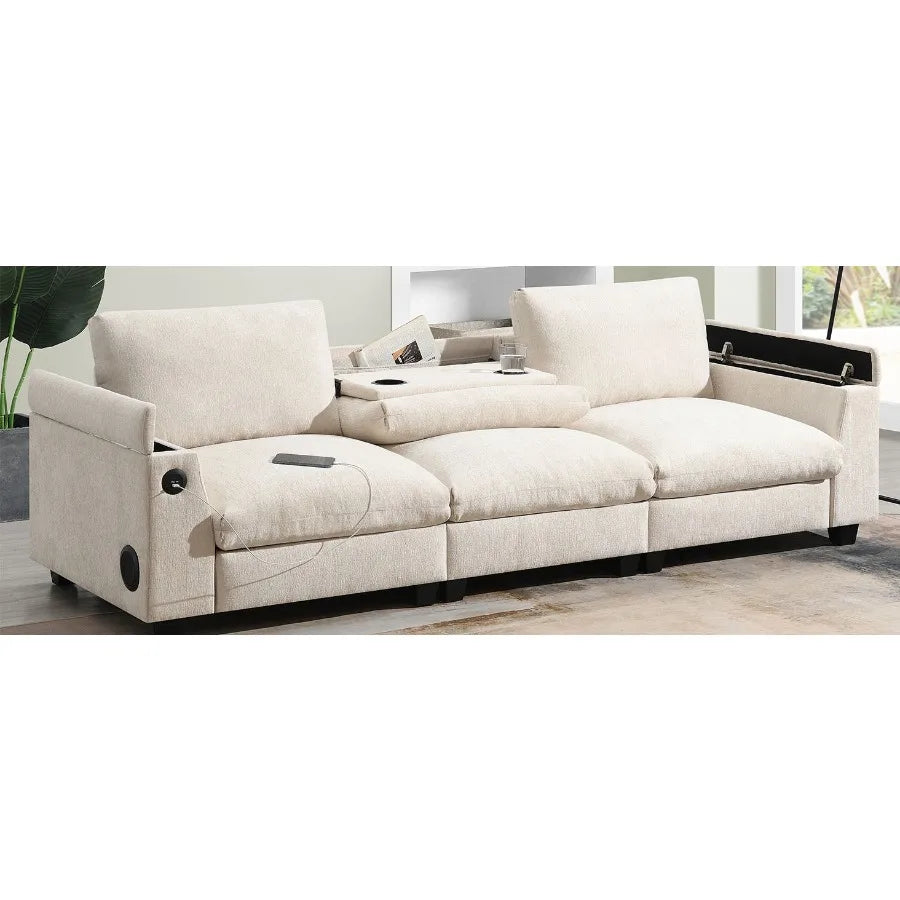 9635''Chenille Sectional Sofa with Bluetooth Speaker Comfy Cloud Couch Set with Drop Down Table Cup Holders USB Charger Storage
