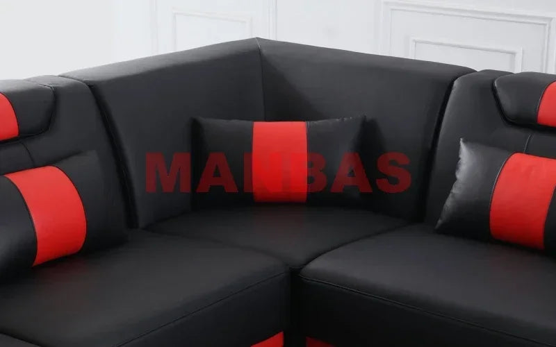 Modern LED Light Genuine Leather Sectional Sofa Set with Storage Shelves, USB Charging Ports, Cup Holder and Contemporary Design
