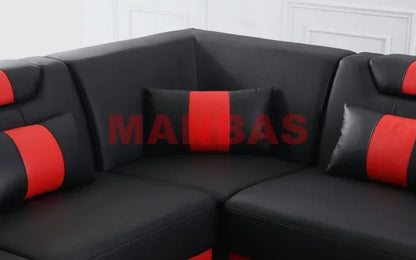 Modern LED Light Genuine Leather Sectional Sofa Set with Storage Shelves, USB Charging Ports, Cup Holder and Contemporary Design