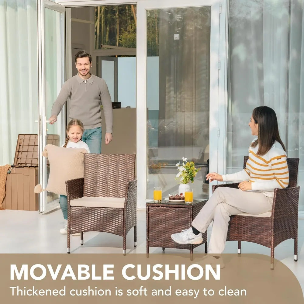 Patio Porch Furniture Sets 3 Pieces PE Rattan Wicker Chairs with Table Outdoor Garden Furniture Sets (Brown/Beige)