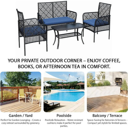 4-Piece Patio Furniture Set, Weather-Resistant Rattan Patio Conversation Set with Two-Tier Coffee Table, Upholstered Openwork