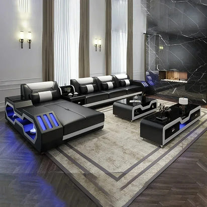 Modern LED Lighted Sofa Set with Recliner, Adjustable Headrest & Console | Luxury Leather Sectional Couch | Futuristic Furniture