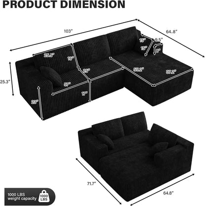 Cloud Couch Sectional Modular Sofa, 103 Comfy Black L Shaped Boneless Couches for Living Room, Deep Seat Plush Corduroy Couch Se