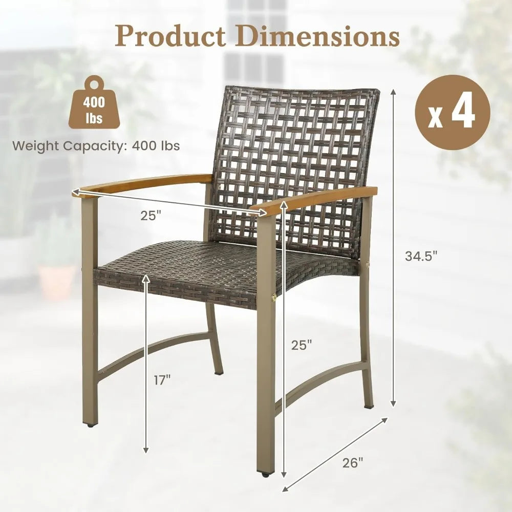 Patio Dining Chairs Set of 4, Outdoor PE Wicker & Heavy-Duty Metal Chairs with Acacia Wood Armrests, Outdoor Rattan Armchairs f