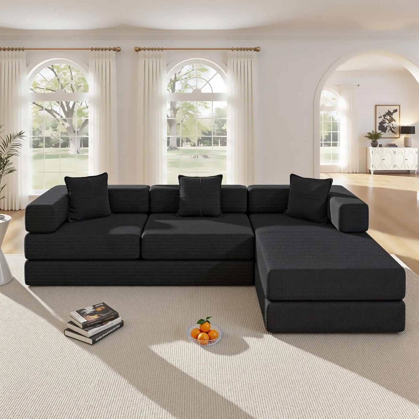 108" Oversize Convertible Sleeper Sectional Sofa Bed Corduroy L Shape Folding Frame Modular Living Room Black, Customized
