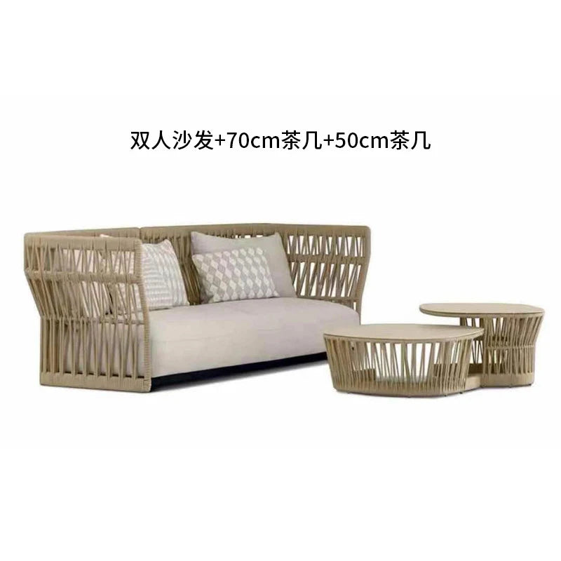 Outdoor rattan sofa combination outdoor open-air waterproof sunscreen rattan tables and chairs villa home leisure garden