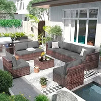 Patio Furniture Set Outdoor Modern Sectional  Wicker Couch with Glass Coffee Table, Thicken Cushions, Waterproof Cover