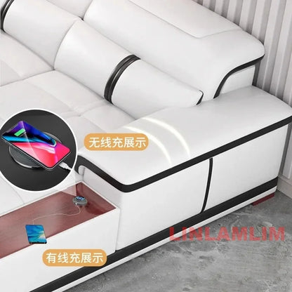 Modern U-Shaped Sectional Sofa with Chaise, White Genuine Leather Couch with Cup Holders, USB – Large Living Room Furniture Set
