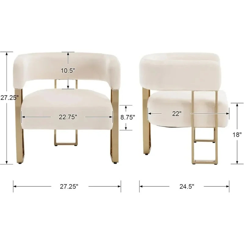 Set of 2 Ivory Velve Accent Chairs with Golden Metal Legs for Bedroom Living Room Office Reception Lounge