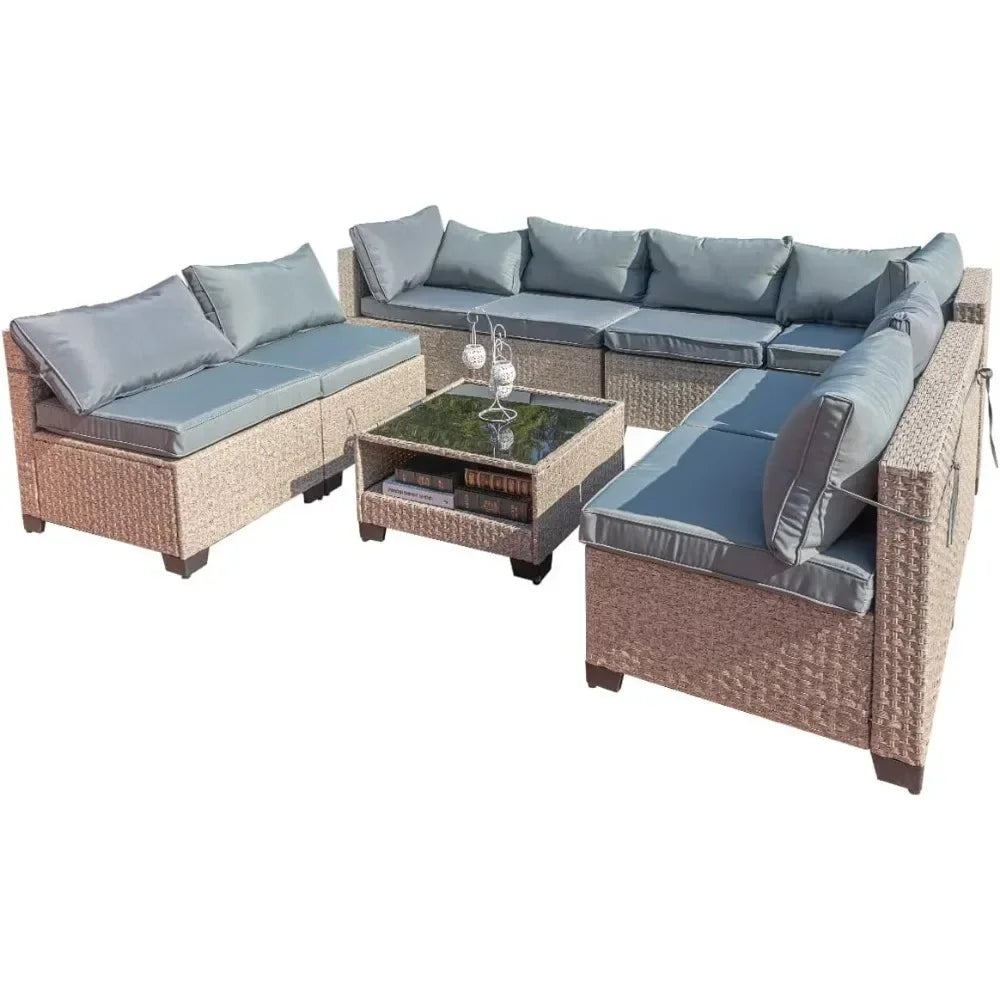 For Garden Furniture 9 Pieces Set, Patio Furniture Set with Storage Table and Cushions, Couch Sofa, Garden Furniture