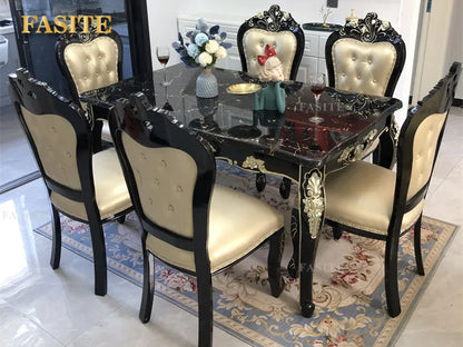 Natural marble dining tables and chairs household luxury simple solid wood carved rectangular dining table.