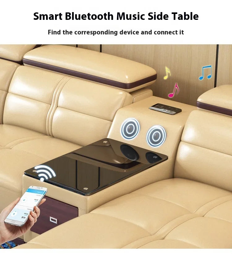 Modern Italian Genuine Leather Sofa for Living Room with Cup Holder, USB, Adjustable Headrests & Bluetooth Speaker - Linlamlim