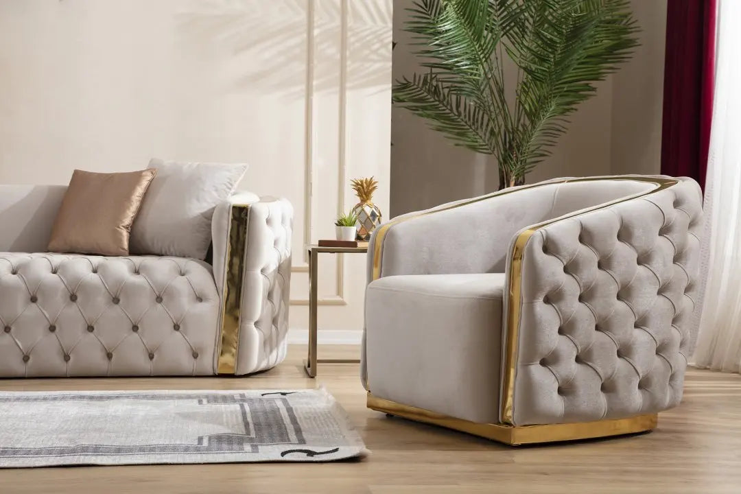 Newest Luxury Stainless Steel Living Room Sofa Set Button Design 2-3 Seater Velvet Couch for Home Hotel
