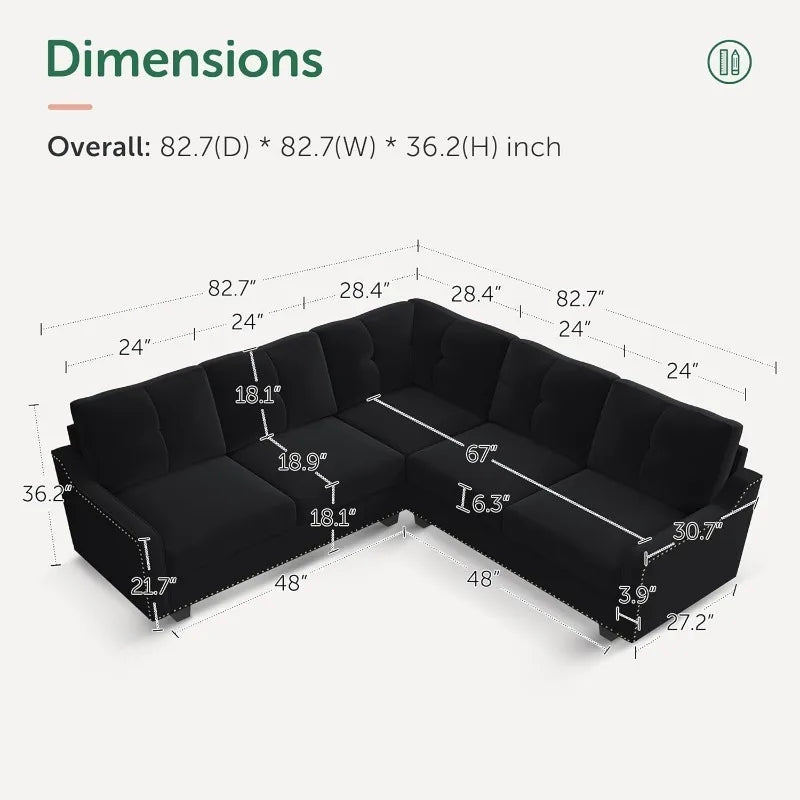 Convertible L-Shaped Sectional Sofa, Reversible Velvet Couch for Small Apartment Living Room, Black