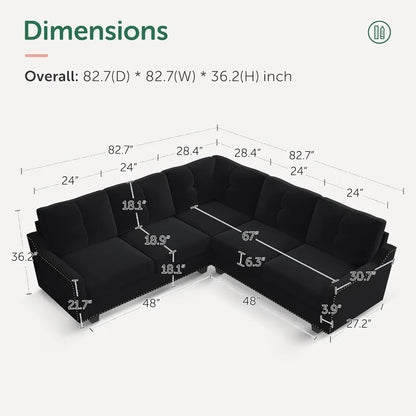 Convertible L-Shaped Sectional Sofa, Reversible Velvet Couch for Small Apartment Living Room, Black