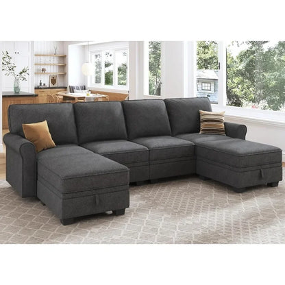 Storage Sectional Sofa with Reversible Chaise, U-Shaped Living Room Couch Dark Grey