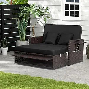 Wicker Patio Outdoor Daybed - Rattan Day Bed Lounger with Loveseat & Storage Ottoman, Sunbed Sofa Set w/Cushions, 4-Level Adjus
