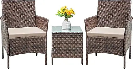 Patio Furniture Set 3 Pieces All-Weather Rattan Outdoor Furniture Chairs with Tempered Glass Table for Porch Bistro Balcony