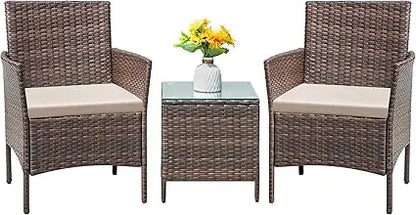 Patio Furniture Set 3 Pieces All-Weather Rattan Outdoor Furniture Chairs with Tempered Glass Table for Porch Bistro Balcony