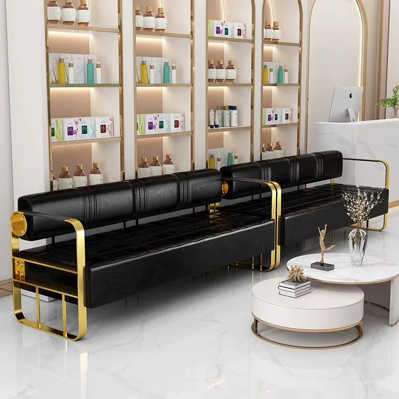 Beauty Salon Barbershop Waiting Area Furniture Gold Metal Frame Leather Double Seats Hospital  Public Airport Waiting Room Chair