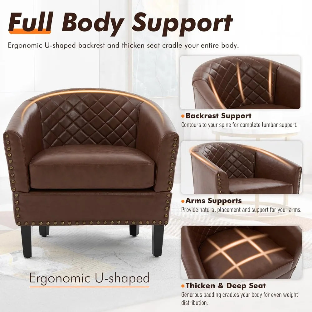 PU Barrel Chair Living Room Chair, Upholstered Sofa Club Chair with Nail-Heads and Solid Wood Legs for Bedroom