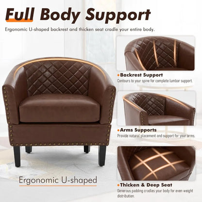 PU Barrel Chair Living Room Chair, Upholstered Sofa Club Chair with Nail-Heads and Solid Wood Legs for Bedroom