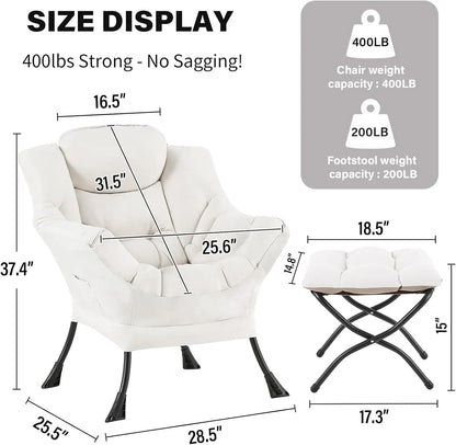 Modern Lazy Chair with Ottoman, Large Velvet Accent Lounge Armchair, Comfy Reading Chair with Footrest for Living Room, Bedroom