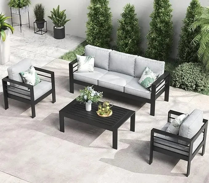 Garden Furniture Set, 5 Pieces Patio Outdoor Aluminum Sectional Conversation, Chat Sofa Modern Seating Set with Coffee Table