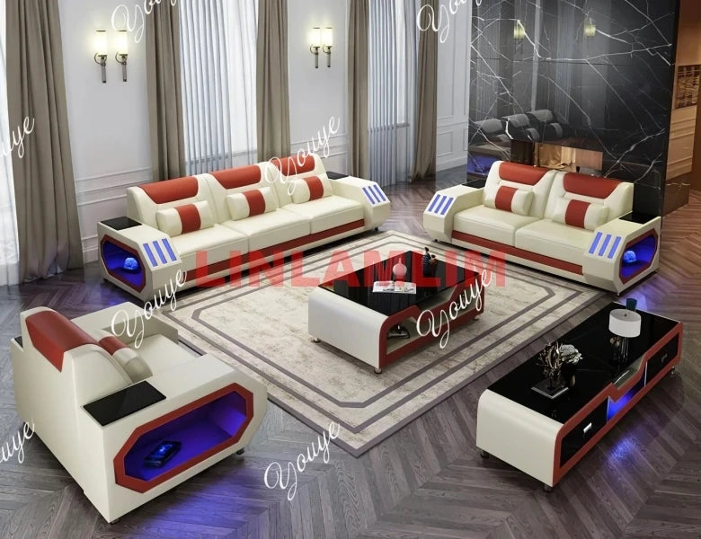 Futuristic LED Italian Genuine Leather Sofa Set – Modern Sectional Couch with Illuminated Arm Storage and High-Density Cushions