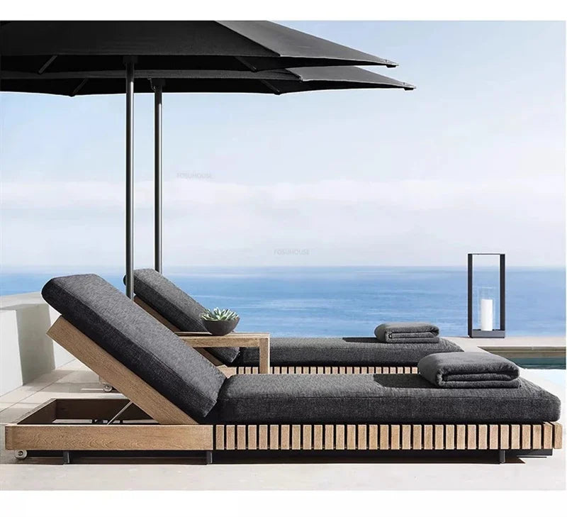 Nordic Solid Wood Villa Set Patio Outdoor Sofas Waterproof Sun Protection Balcony Leisure Recliner Light Luxury Garden Furniture