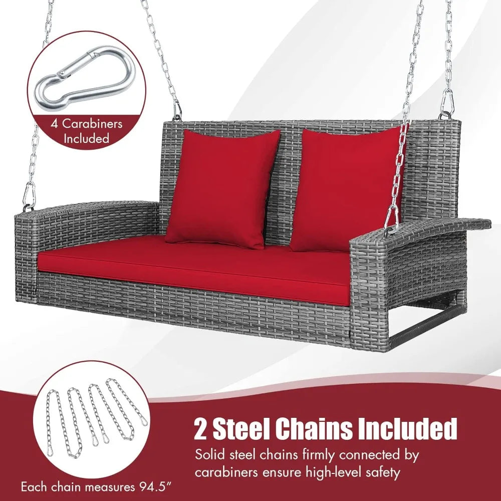 2-Person Porch Swing Bench - PE Rattan Outdoor Swing Chair with Comfortable Seat & Back Cushions, Rustproof Metal Cha