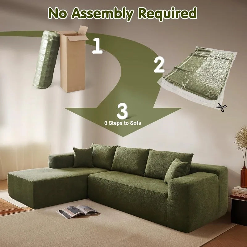 104" Cloud Sectional Couch with L-Shape Chaise,Modern Modular Sofa with Deep Seat,Required, Green (Cloud Velvet)- Free Delivery