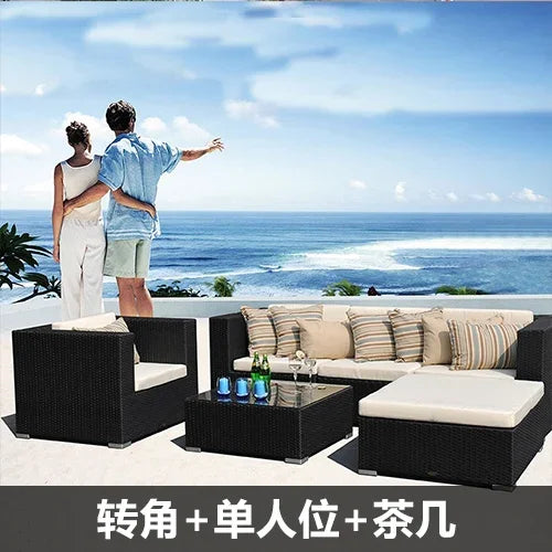 Outdoor rattan sofa, rainproof and sunscreen woven three piece set, tea table combination, outdoor furniture