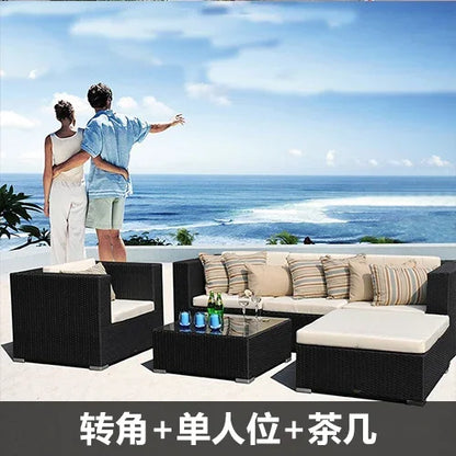 Outdoor rattan sofa, rainproof and sunscreen woven three piece set, tea table combination, outdoor furniture