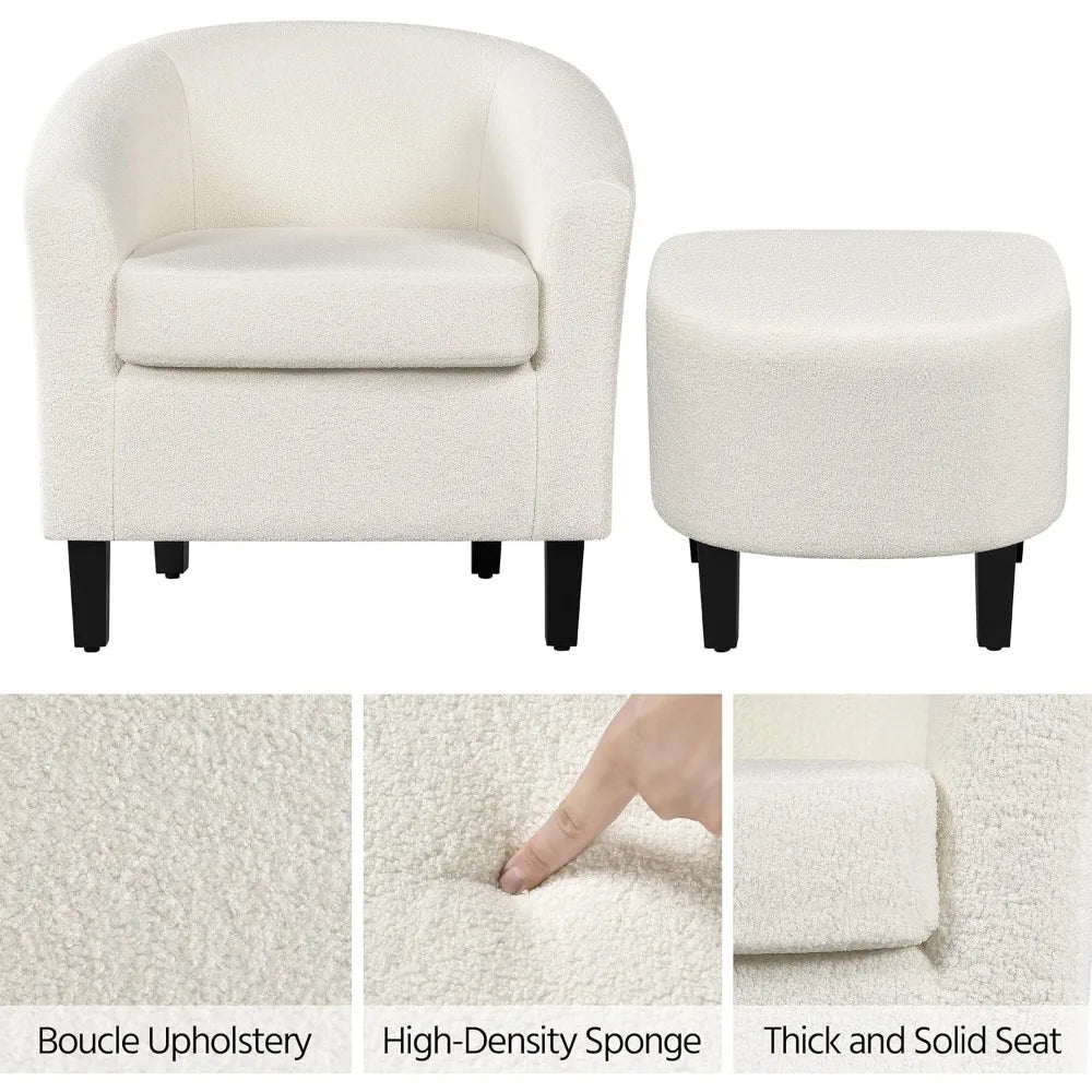 Modern Sherpa Accent Chair and Ottoman Set, Plush Barrel-Shaped Armchair with Footrest for Lounge Areas