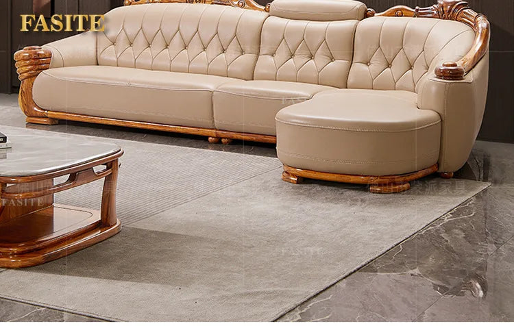 European leather sofa corner combination home high-end luxury living room new Chinese first layer cowhide solid wood