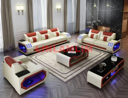 Futuristic LED Italian Genuine Leather Sofa Set – Modern Sectional Couch with Illuminated Arm Storage and High-Density Cushions