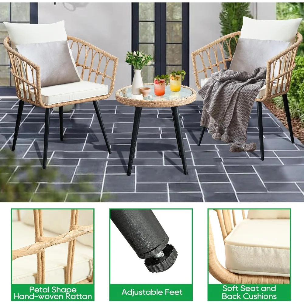 Patio Bistro Set, Outdoor Wicker Apartment Balcony Furniture Sets, Rattan Table and Chairs Set of 2 for Porch Backyard Lawn